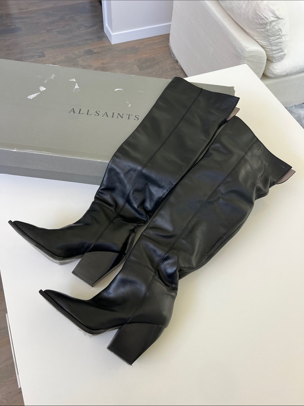 ALLSAINTS reina over the knee long heeled black leather boots size 8